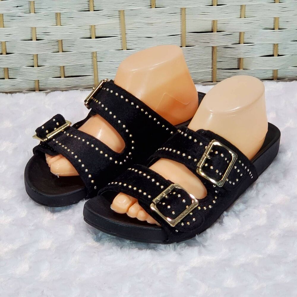 A New Day Womens 5 Footbed Sandals Black Velvet Gold Studs Double Strap Slip On - Picture 2 of 12